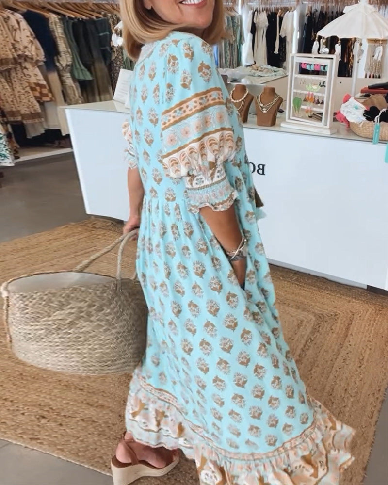 Boho Midi Dress for Women with V-Neck