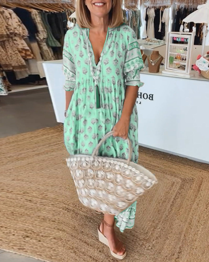Boho Midi Dress for Women with V-Neck