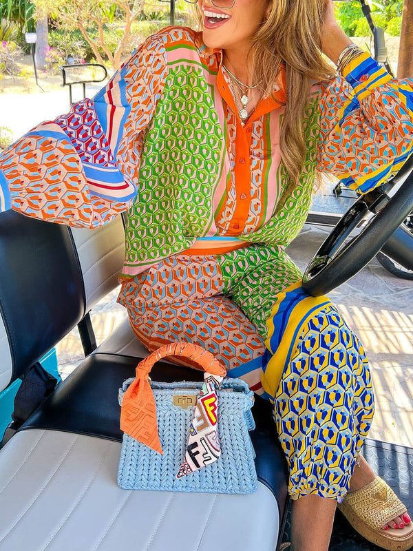 Women's Colourful Balloon Sleeve Button-Down Blouse | Loose Fit Printed Top for Everyday Wear