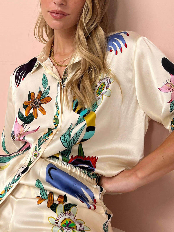 Women’s Satin Print Blouse – Unique Button-Down Oversized Fit for Modern Day-to-Evening Style