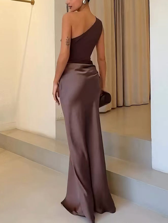 Women’s Silk Blend Maxi Dress | One-Shoulder Pleated Evening Gown