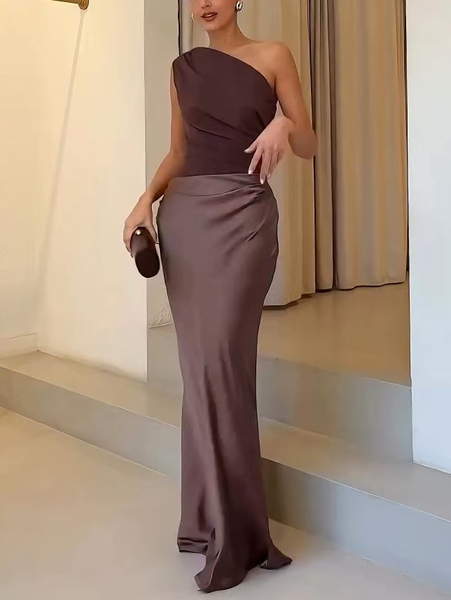 Women’s Silk Blend Maxi Dress | One-Shoulder Pleated Evening Gown
