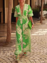 Women’s Floral Print V-Neck Jumpsuit – Short Sleeve for Holidays & Summer Days