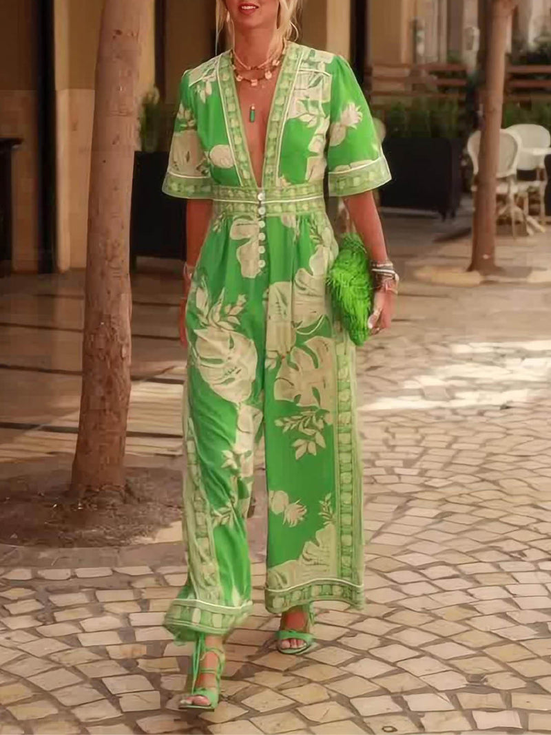 Women’s Floral Print V-Neck Jumpsuit – Short Sleeve for Holidays & Summer Days