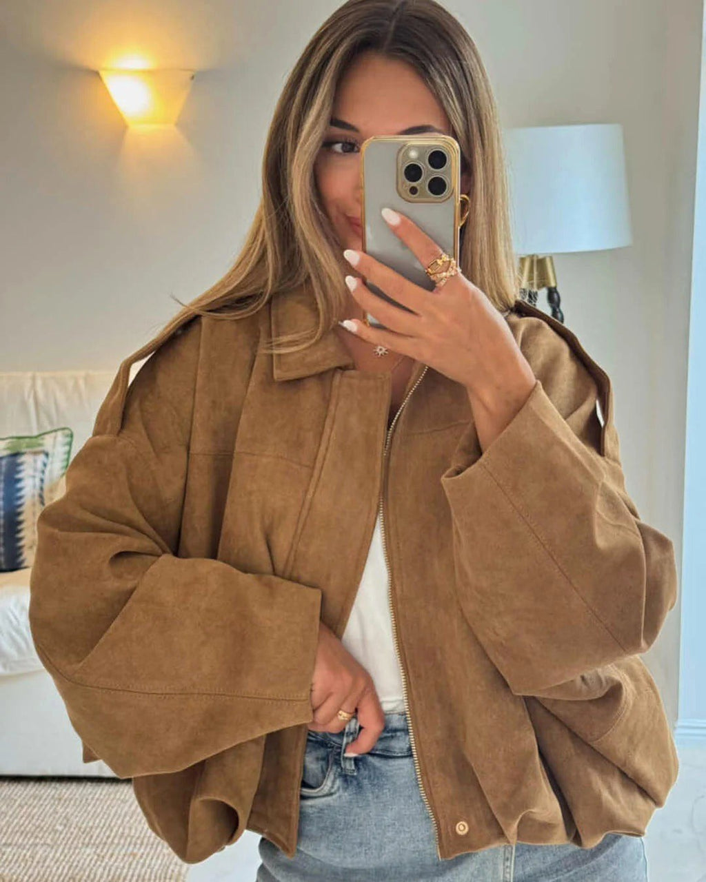 Collared Suede Oversized Cropped Zip Front Bomber Jacket