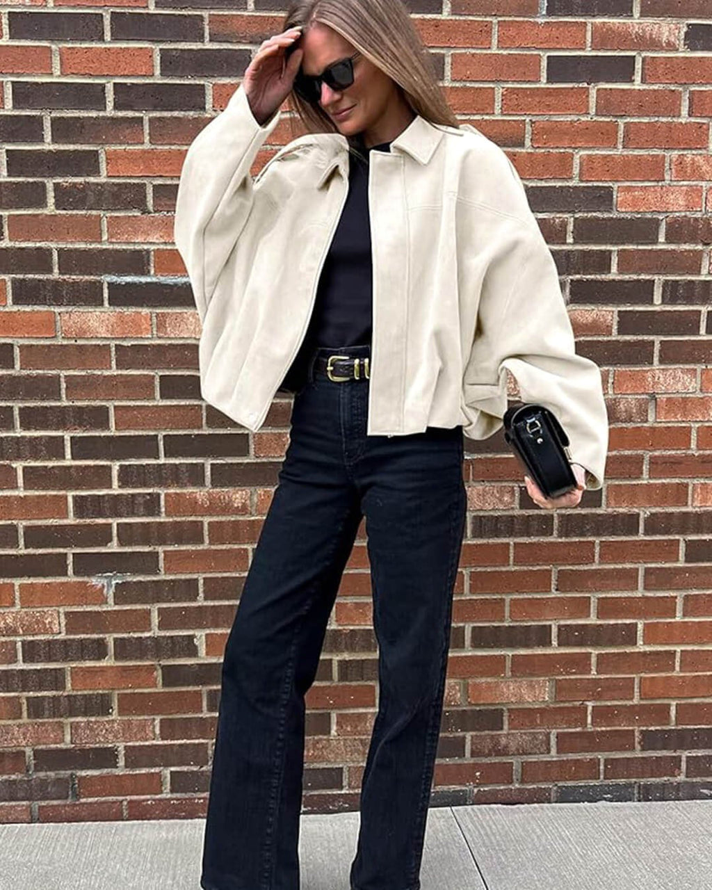 Collared Suede Oversized Cropped Zip Front Bomber Jacket