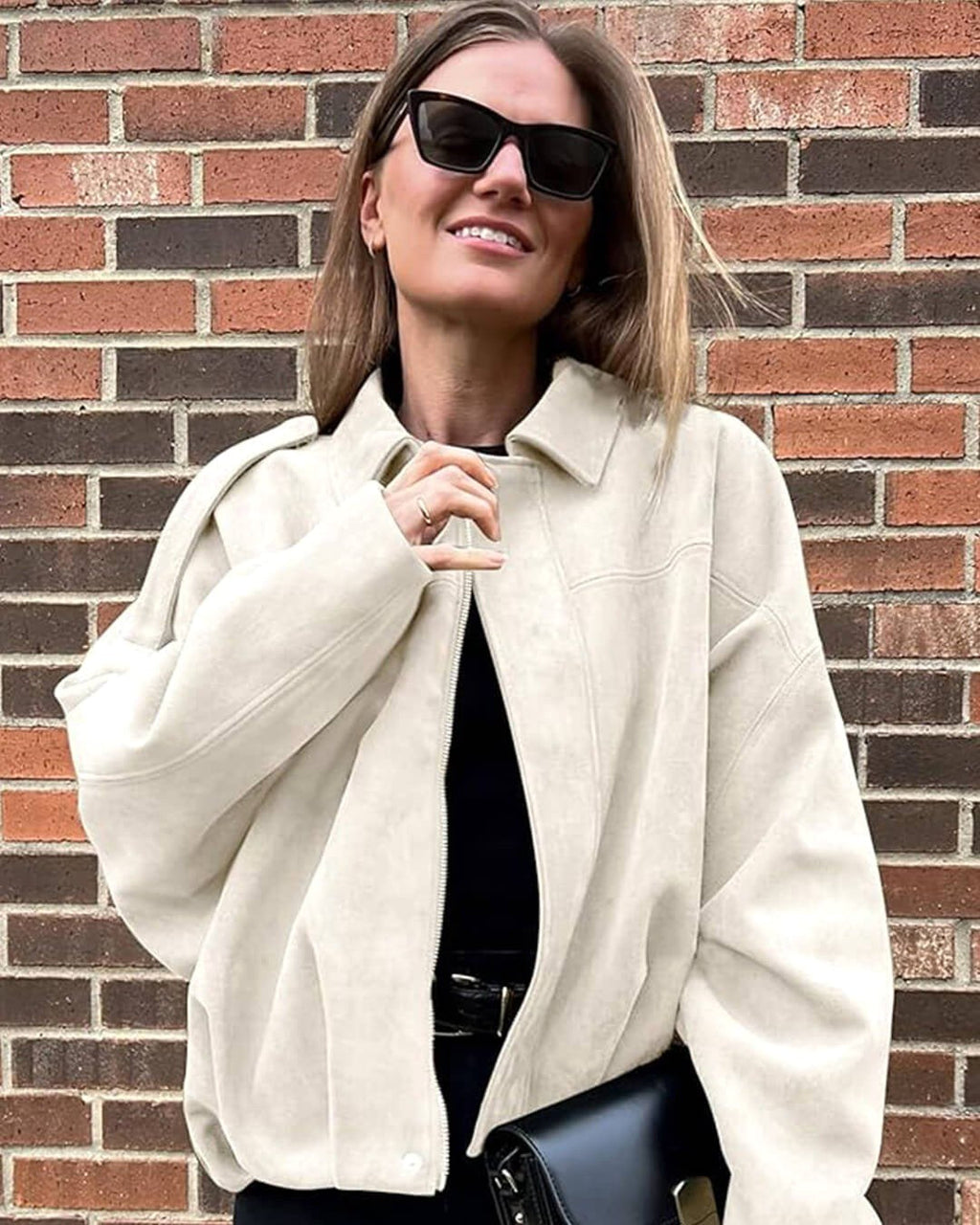 Collared Suede Oversized Cropped Zip Front Bomber Jacket