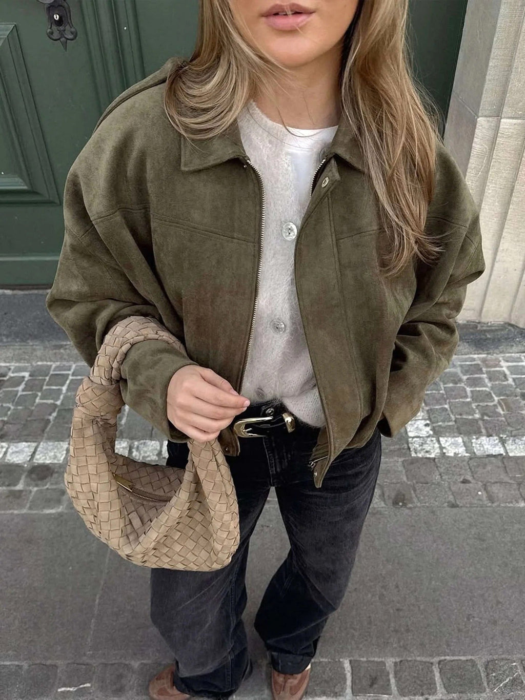 Collared Suede Oversized Cropped Zip Front Bomber Jacket
