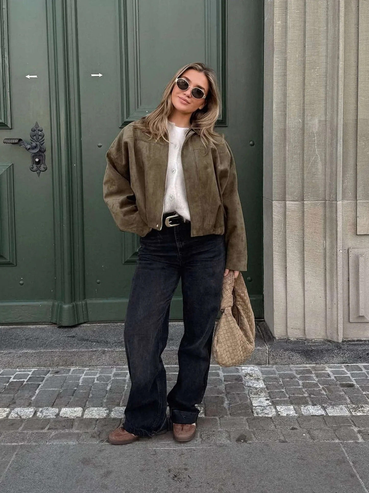 Collared Suede Oversized Cropped Zip Front Bomber Jacket