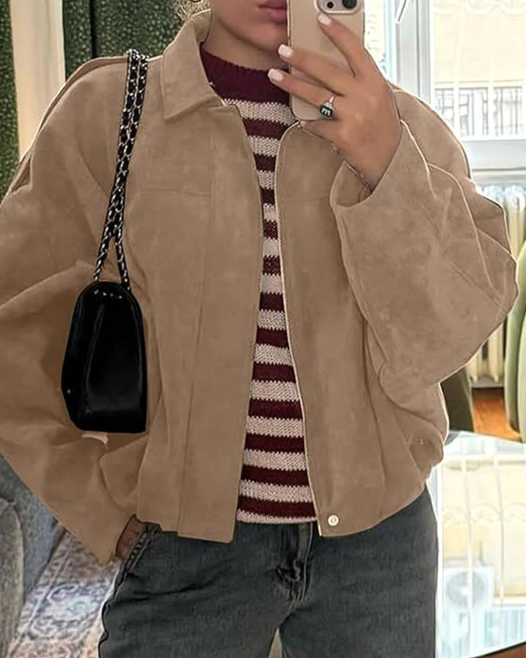 Collared Suede Oversized Cropped Zip Front Bomber Jacket