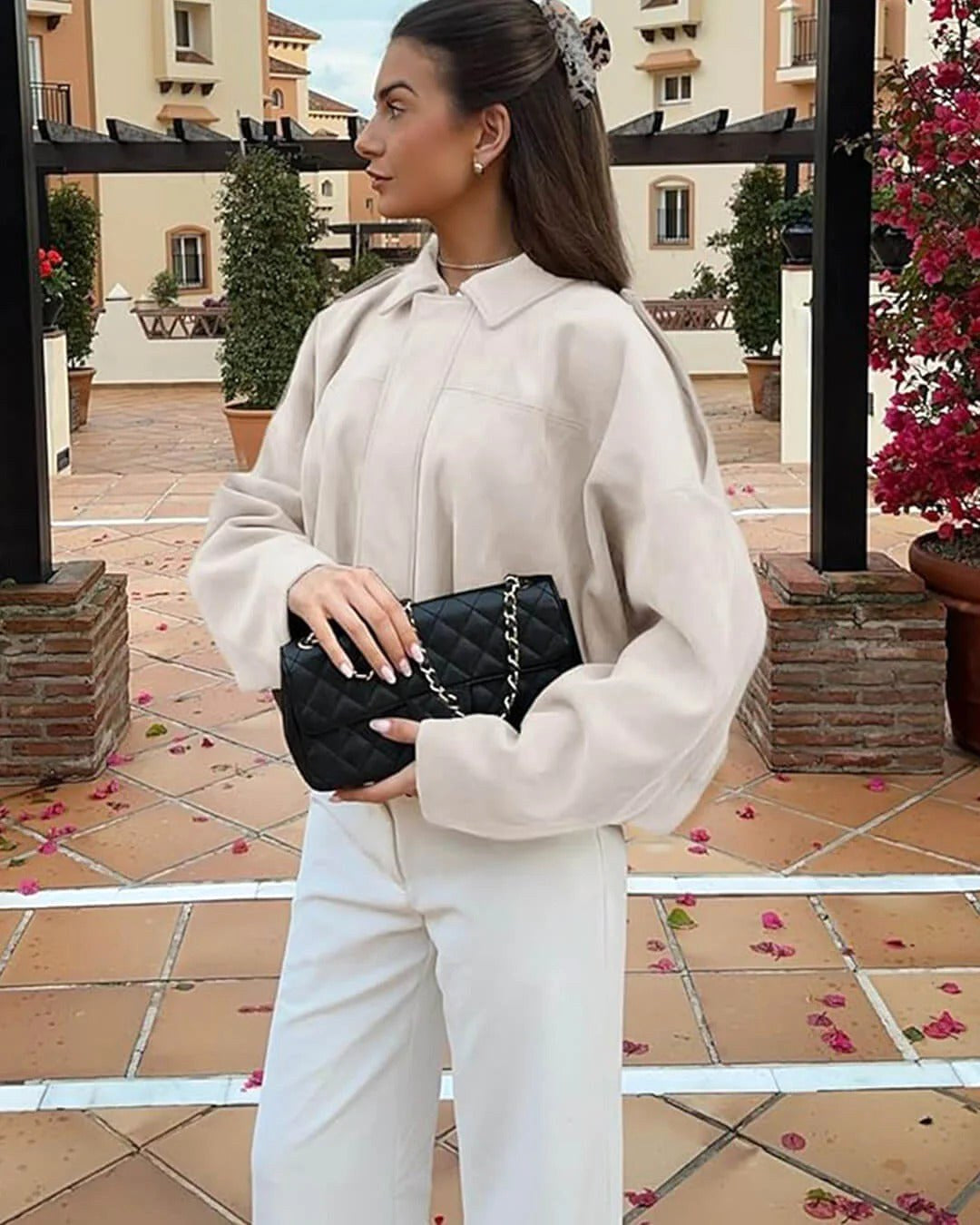 Collared Suede Oversized Cropped Zip Front Bomber Jacket