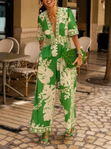 Women’s Floral Print V-Neck Jumpsuit – Short Sleeve for Holidays & Summer Days