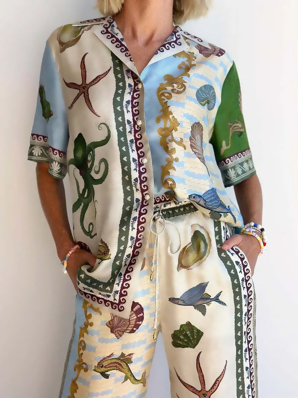 Women’s Deep Sea Floral Print Shirt | Loose Fit Short Sleeve Blouse for Holidays & Everyday Style