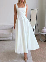 Women’s Midi Dress – Elegant Square Neck, A-Line & Formal Style