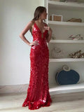 Women's Red Sequin Christmas Party Dress – Spaghetti Strap V-Neck Floor-Length Gown
