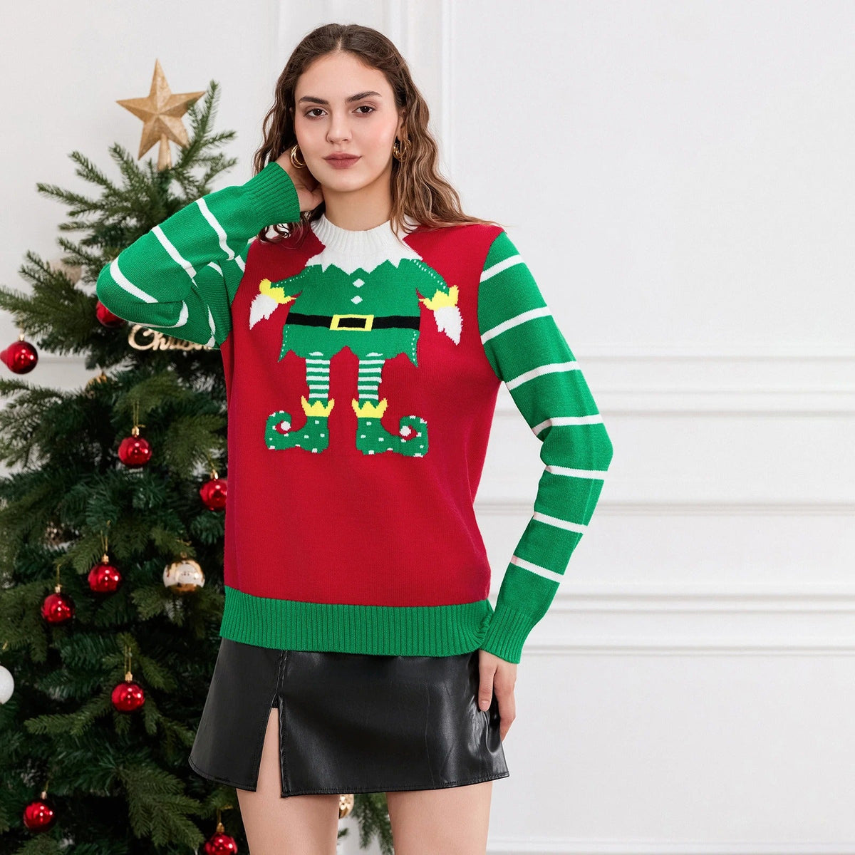 Women's Christmas Elf Sweater – Festive Red and Green Long Sleeve Knit Pullover