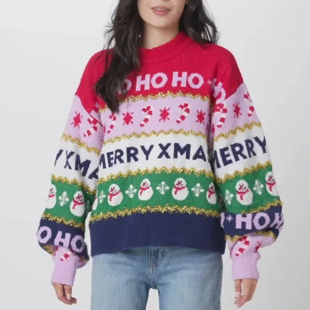 Women's Christmas Knit Sweater – Colorful Ho Ho Ho & Merry Christmas Snowflake Pullover