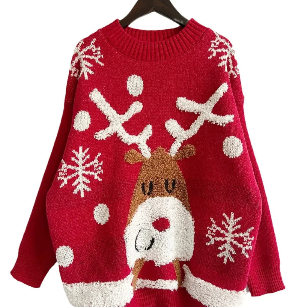 Women's Red Christmas Sweater – Chunky Knit Reindeer Jumper with Raglan Sleeves