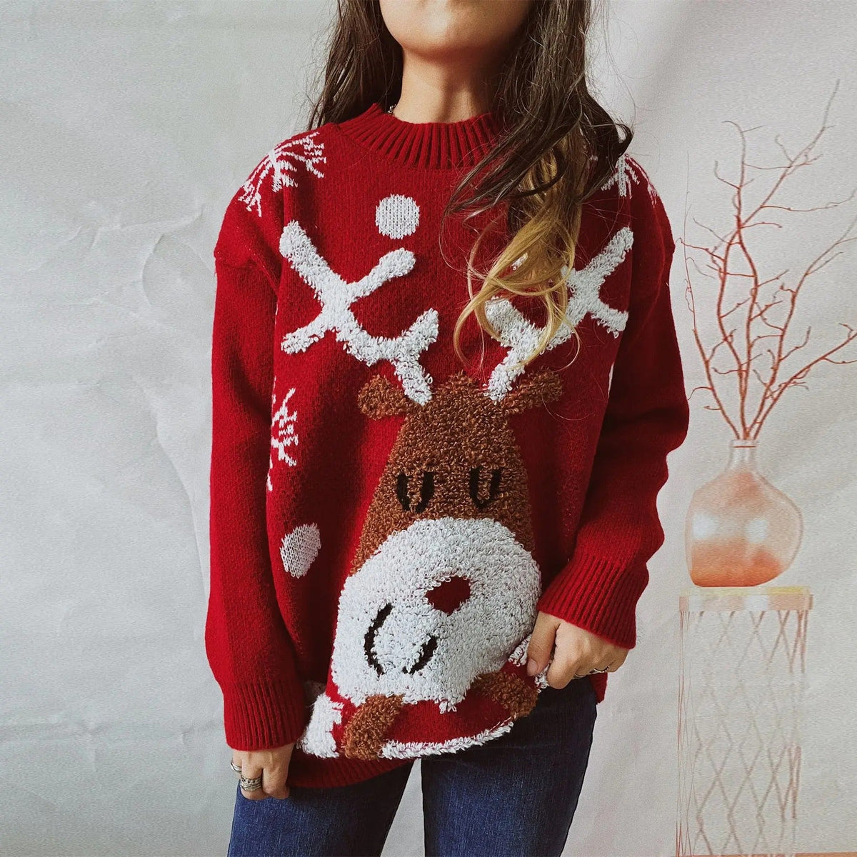 Women's Red Christmas Sweater – Chunky Knit Reindeer Jumper with Raglan Sleeves