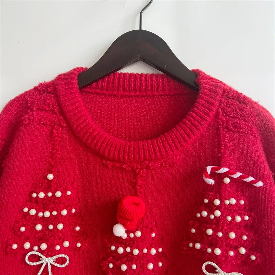 Women's Red Christmas Knit Sweater – Pearl Embellishments & Bow Details