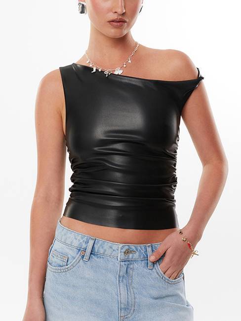 Women’s Off-Shoulder Faux Leather Crop Top | Twisted Pleated Party Style