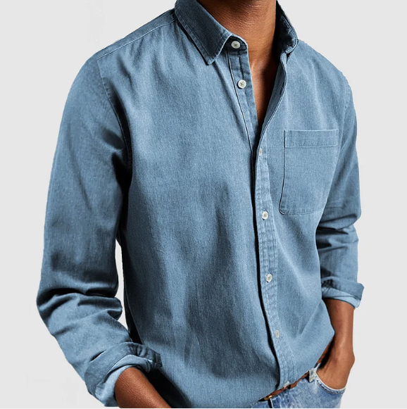 Men's Casual Denim Shirt in soft cotton, classic button-down style, blue color, perfect for casual to semi-formal settings.