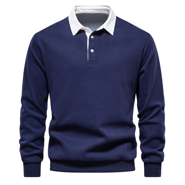 Men’s Cotton Polo Sweatshirt – Classic Solid Colour, Smart Turn-Down Collar