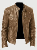 Men's Zip-Up Biker Faux Leather Casual Jacket - Beige