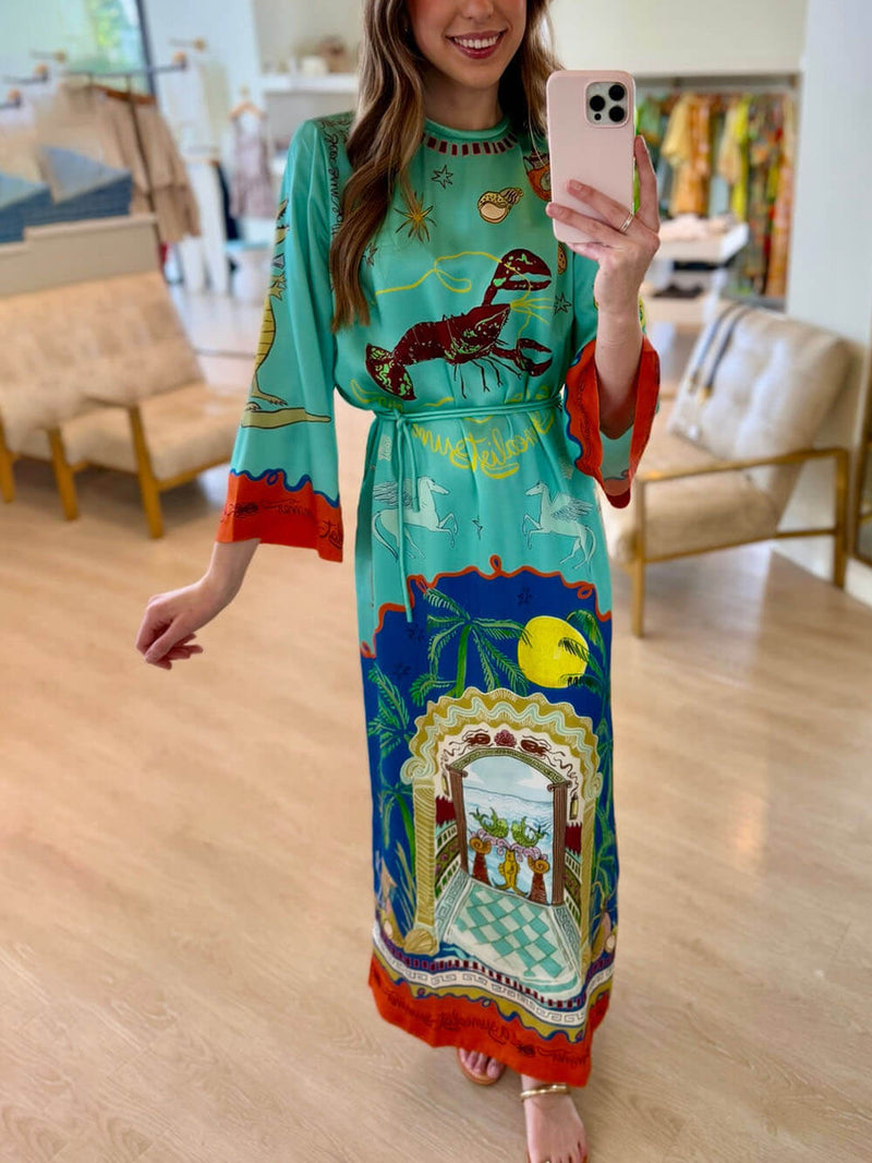 Blue Satin Long Sleeve Maxi Dress | Tie Waist & Side Slit Evening Gown
