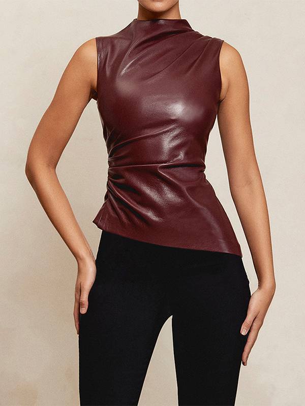Women’s Pleated Faux Leather Sleeveless Top | Irregular Hem
