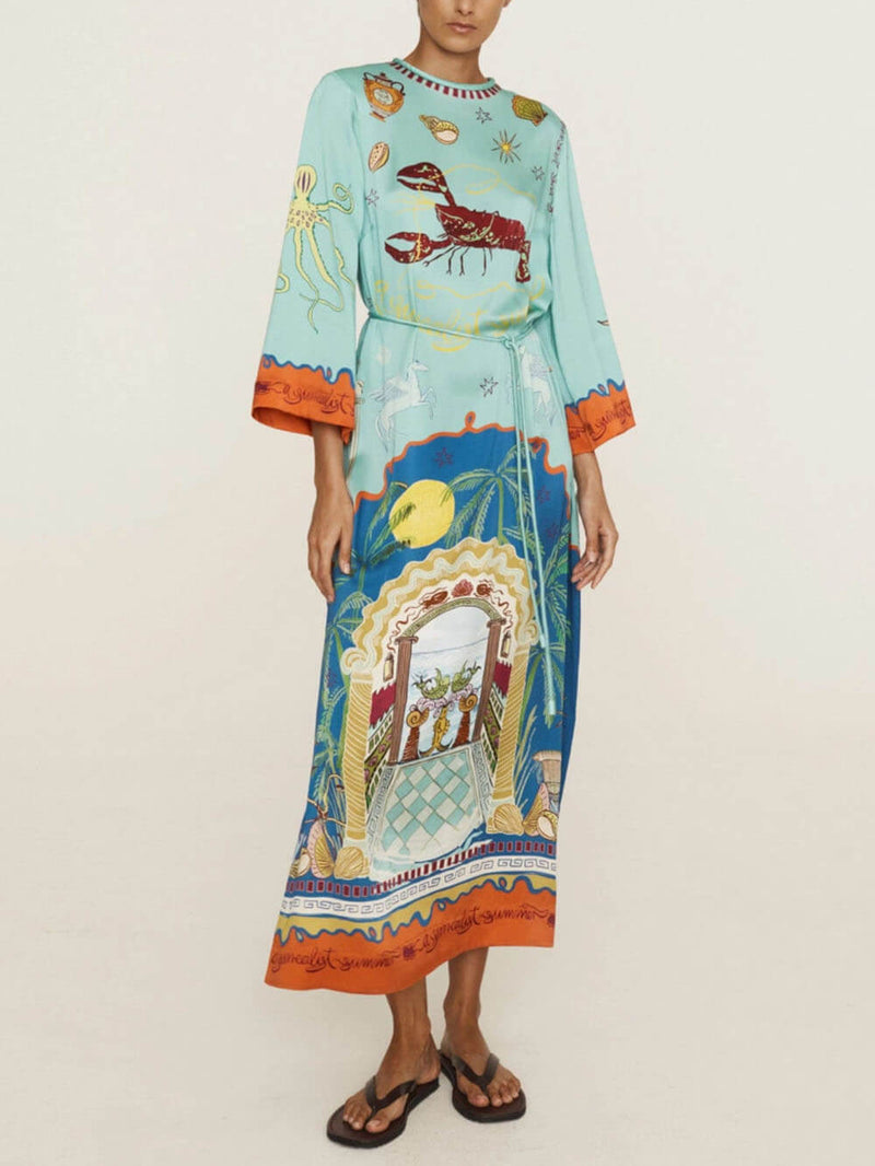 Blue Satin Long Sleeve Maxi Dress | Tie Waist & Side Slit Evening Gown
