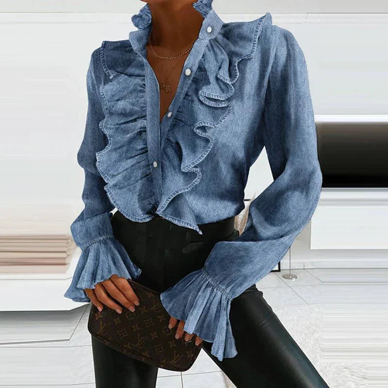 Ruffled Chiffon Blouse  Pleated Long Sleeve Design - Detailed view