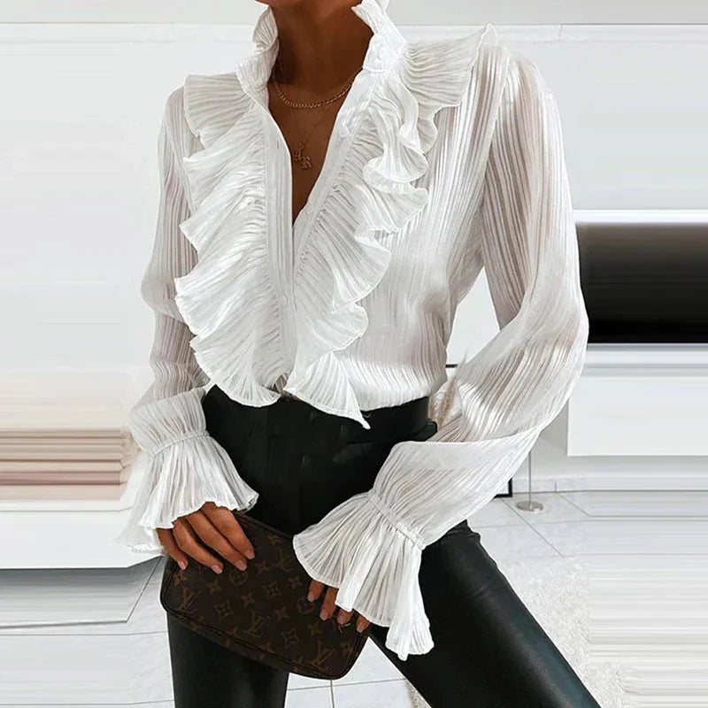 Ruffled Chiffon Blouse  Pleated Long Sleeve Design - Product detail 4