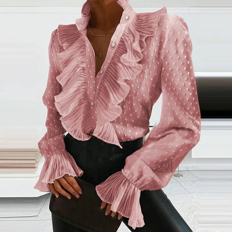 Ruffled Chiffon Blouse  Pleated Long Sleeve Design - Product example