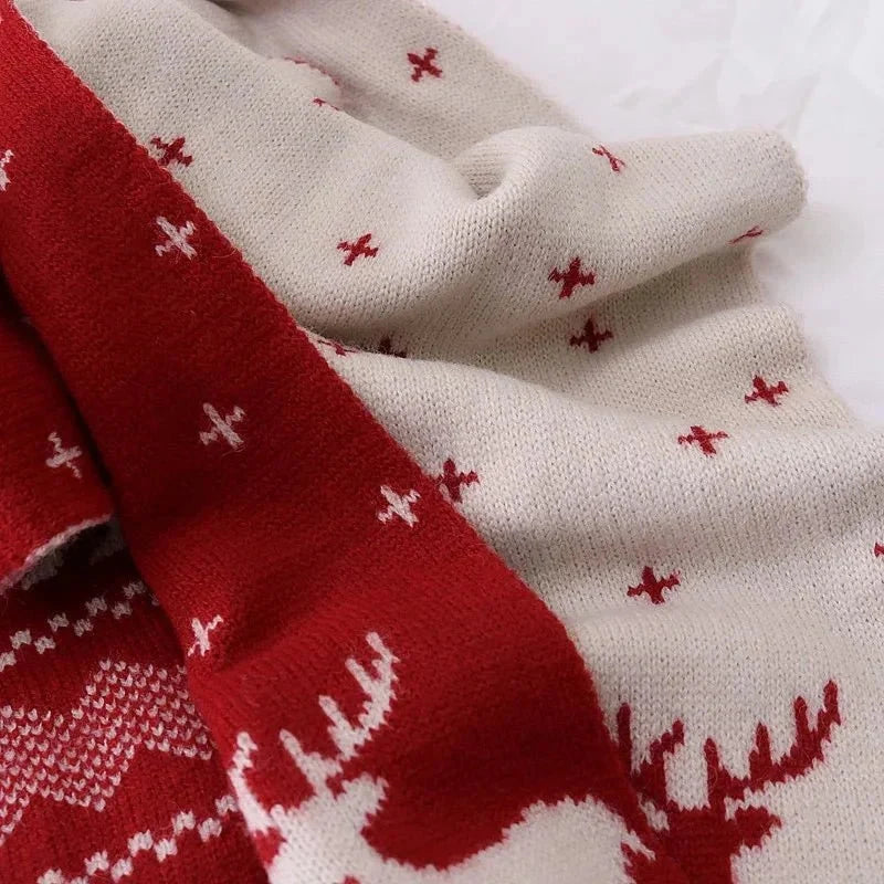 Women's Reversible Christmas Scarf | Deer and Elk Knit Pattern | Soft Wool Feel Winter Wrap for Festive and Daily Use