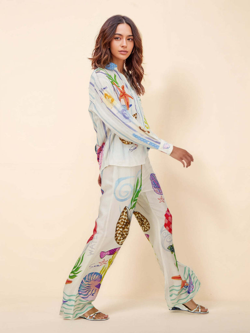 Women’s Ocean Print Trousers Set | Relaxed Fit Holiday Co-ord with Long Sleeve Top
