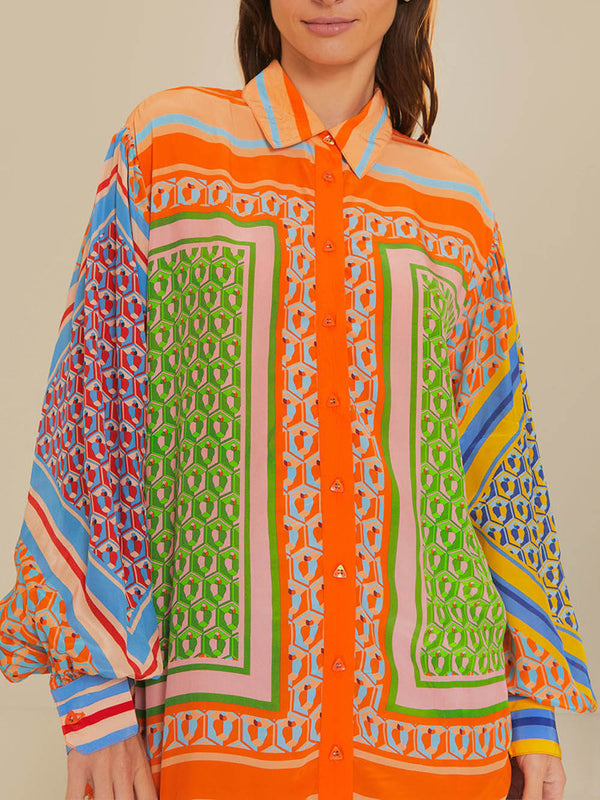 Women's Colourful Balloon Sleeve Button-Down Blouse | Loose Fit Printed Top for Everyday Wear