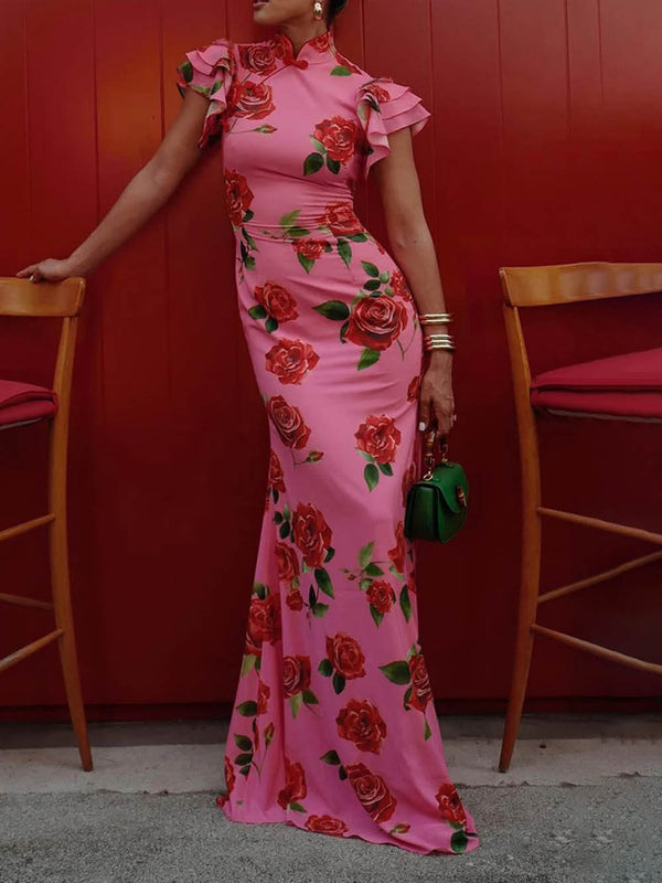 The Amelia Rose Floral Maxi Dress – Tiered Flare Sleeves & Stretch Fit