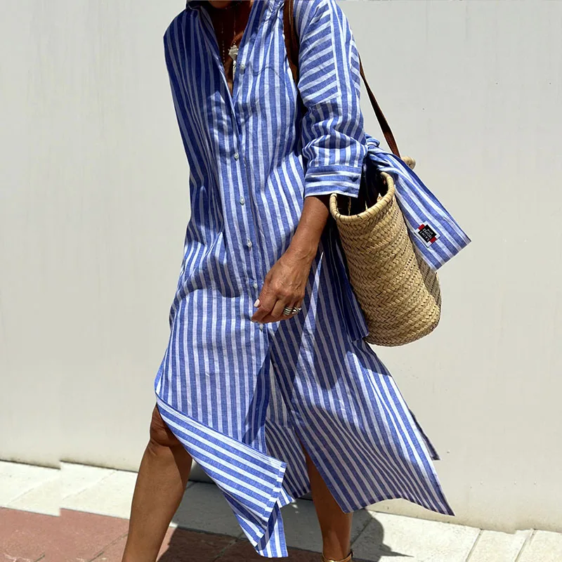 Niki | Women's Striped Shirt Dress with Front Slit