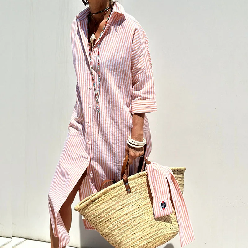 Niki | Women's Striped Shirt Dress with Front Slit