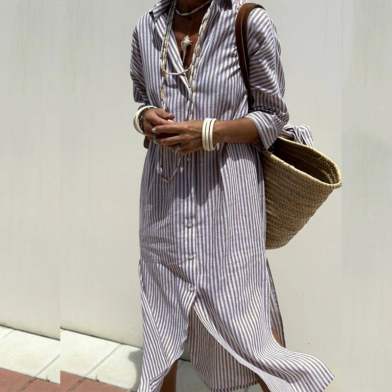 Niki | Women's Striped Shirt Dress with Front Slit