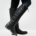 Lace Up Low Heel Leather Zip Riding Knee High Boots