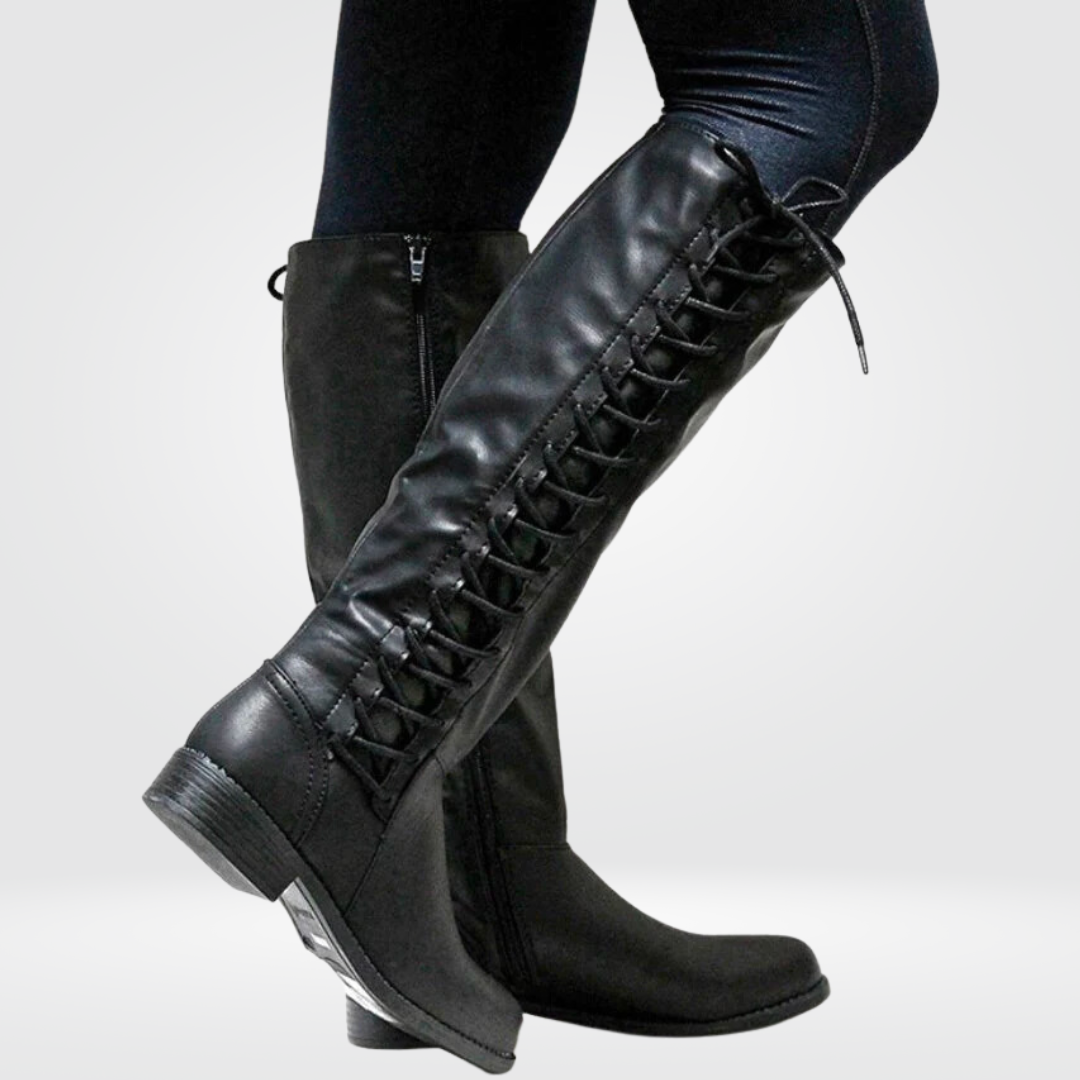 Lace Up Low Heel Leather Zip Riding Knee High Boots