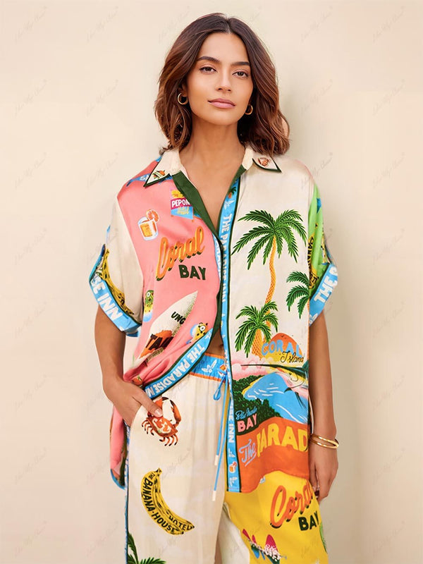 Women’s Printed Short Sleeve Blouse – Pointed Collar Summer Top