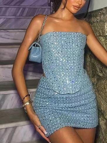 Women’s Denim & Sequin Tube Top Set | Slim Fit Skirt | Statement Partywear