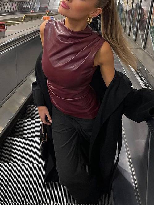 Women’s Pleated Faux Leather Sleeveless Top | Irregular Hem