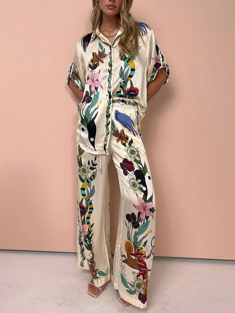Women’s Satin Print Blouse – Unique Button-Down Oversized Fit for Modern Day-to-Evening Style