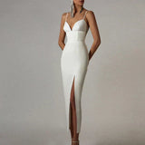 Women's V-Neck Spaghetti Strap Bodycon Dress – Flattering Fit for Weddings & Parties