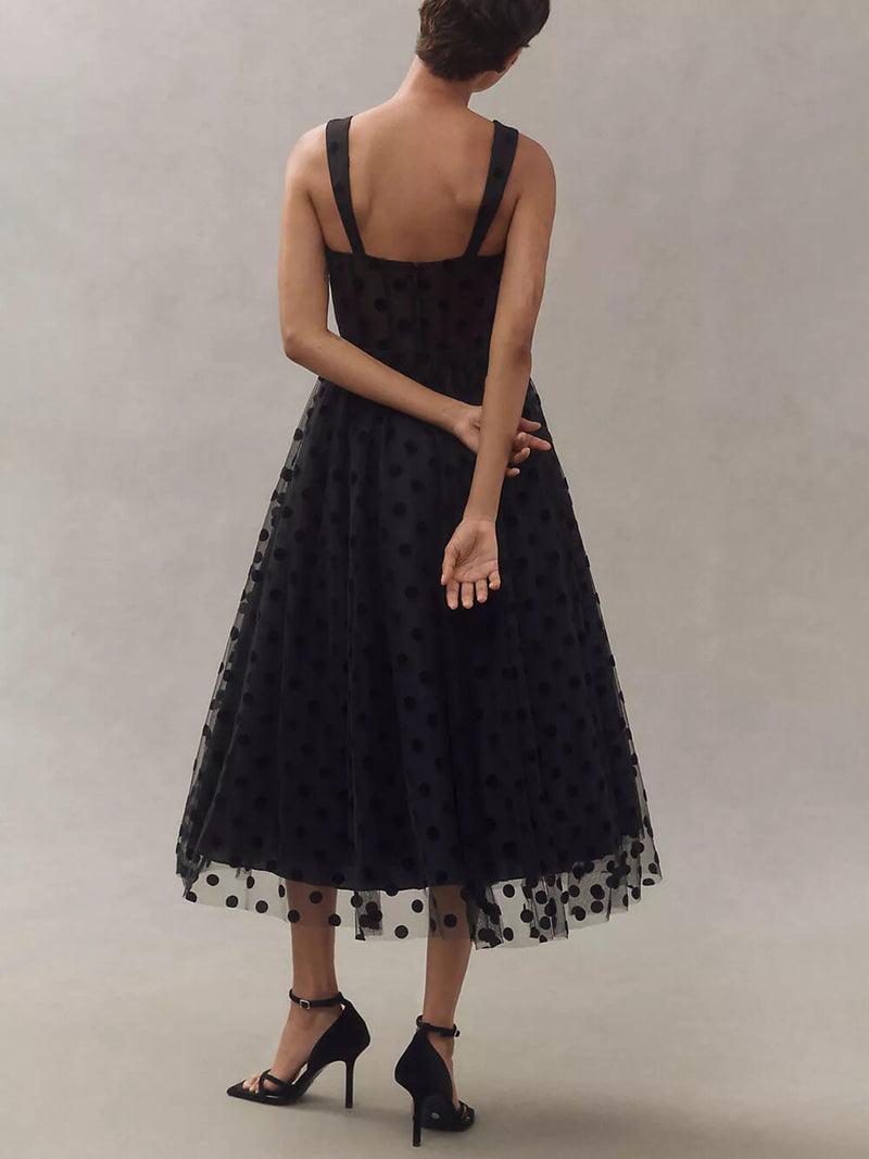 Women’s Tulle Polka Dot Midi Dress – Sleeveless Sweetheart Bustier A-Line for Parties & Holidays