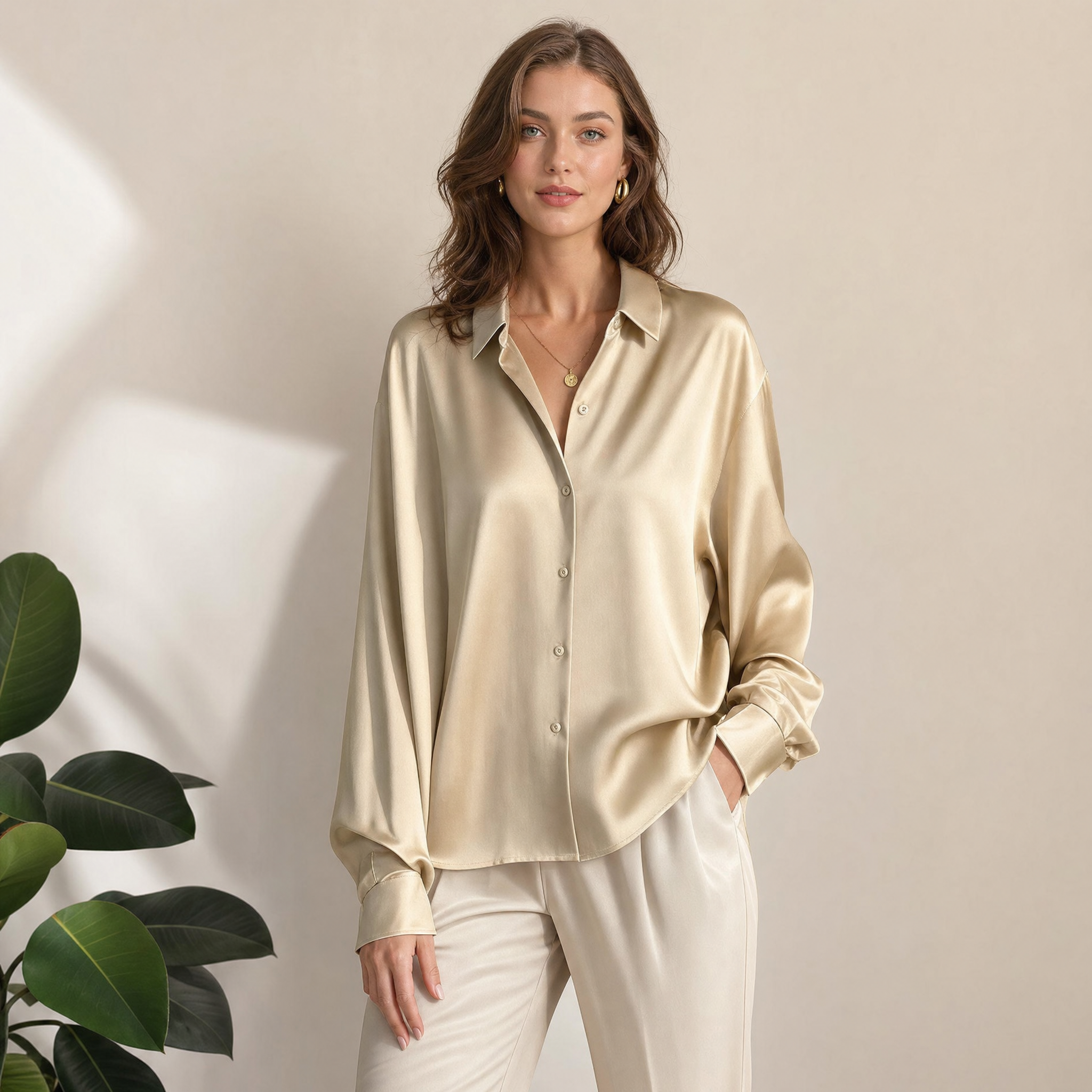Blusa da donna in seta – Top classico elegante a maniche lunghe
